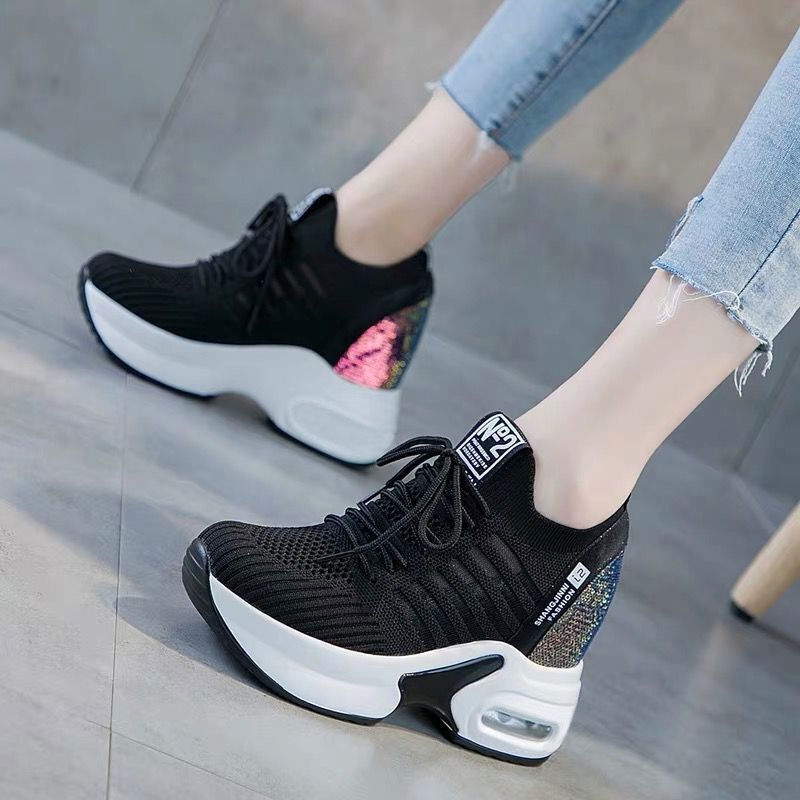 2025 Spring Sequined Casual Sh - Knit Fabric Lace Up Sneakers ulasan dan harga